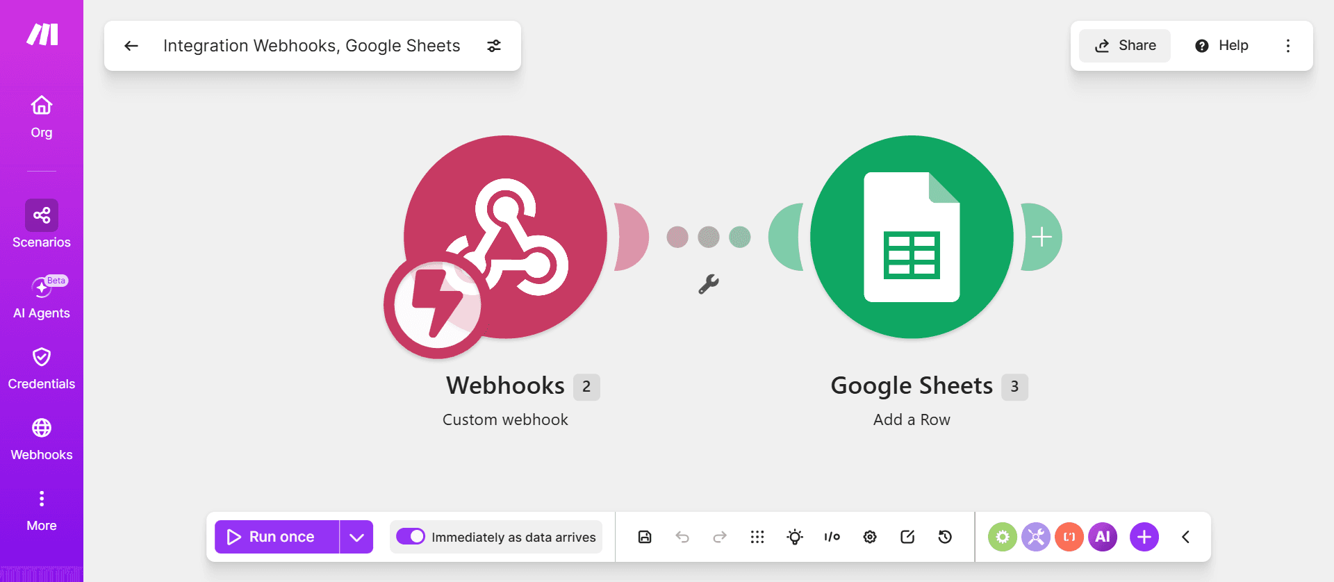 Make scenario connecting Marquiz webhook data to Google Sheets